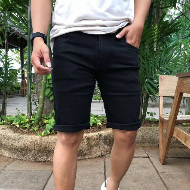 Jual Celana Jeans Pendek Casual Stretch Pria Hitam RC Bahan Melar