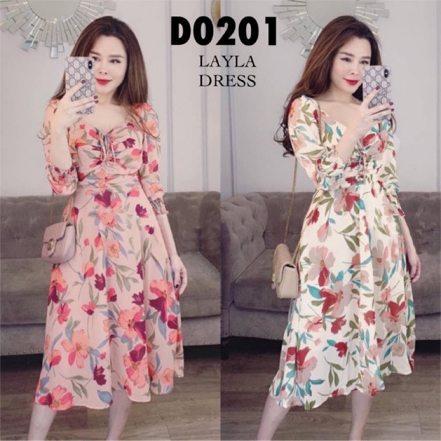 DRESS FLORAL KOREAN LAILA VINTAGE PAKAIAN IMPORT WANITA FASHION DEWASA REMAJA CASUAL ELEGANT TERLARI