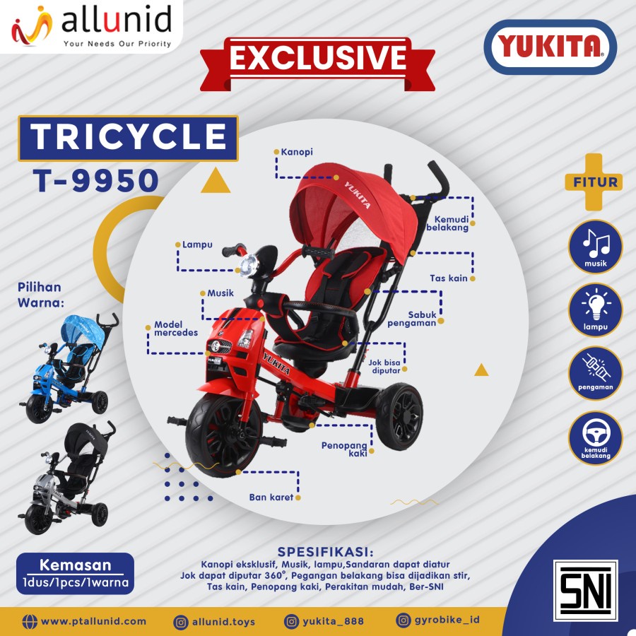 Jual Sepeda Anak Roda Tiga TRICYCLE YUKITA T9950 - STROLLER STROLER ...