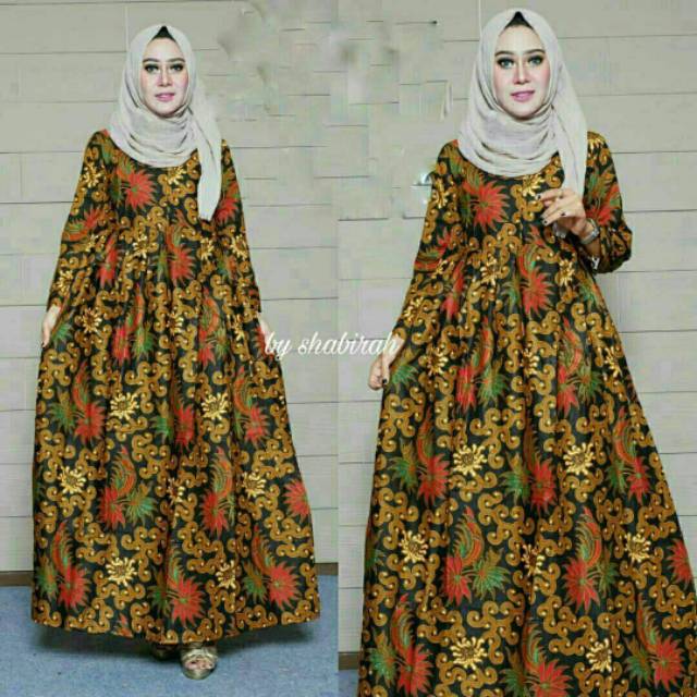 Jual Long Dress Batik Gamis Batika Nadine Manggar Kobis Kupu Padi