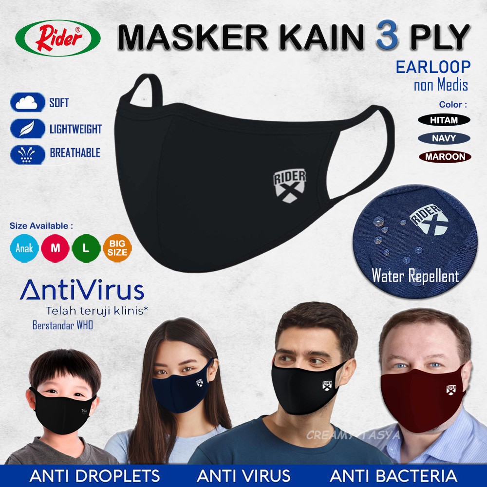 Jual RIDER Masker Kain 3 Ply AntiVirus Anti Bacteria Ukuran M, L, Big ...