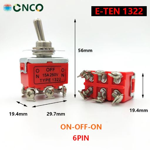 Jual E-TEN 1322 ON OFF ON Toggle Switch Saklar Tuas 12mm DPDT 6 Pin 15A ...