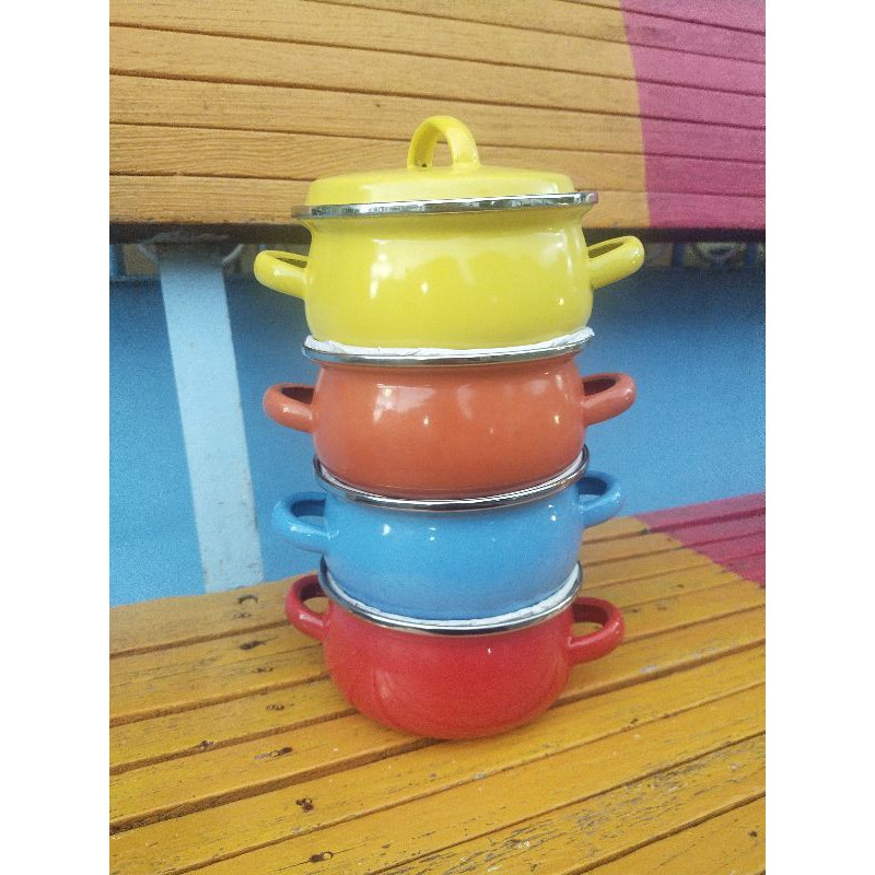 Jual Panci Enamel Rainbow 14cm Susun 4 Warna Polos (oren,biru,kuning ...