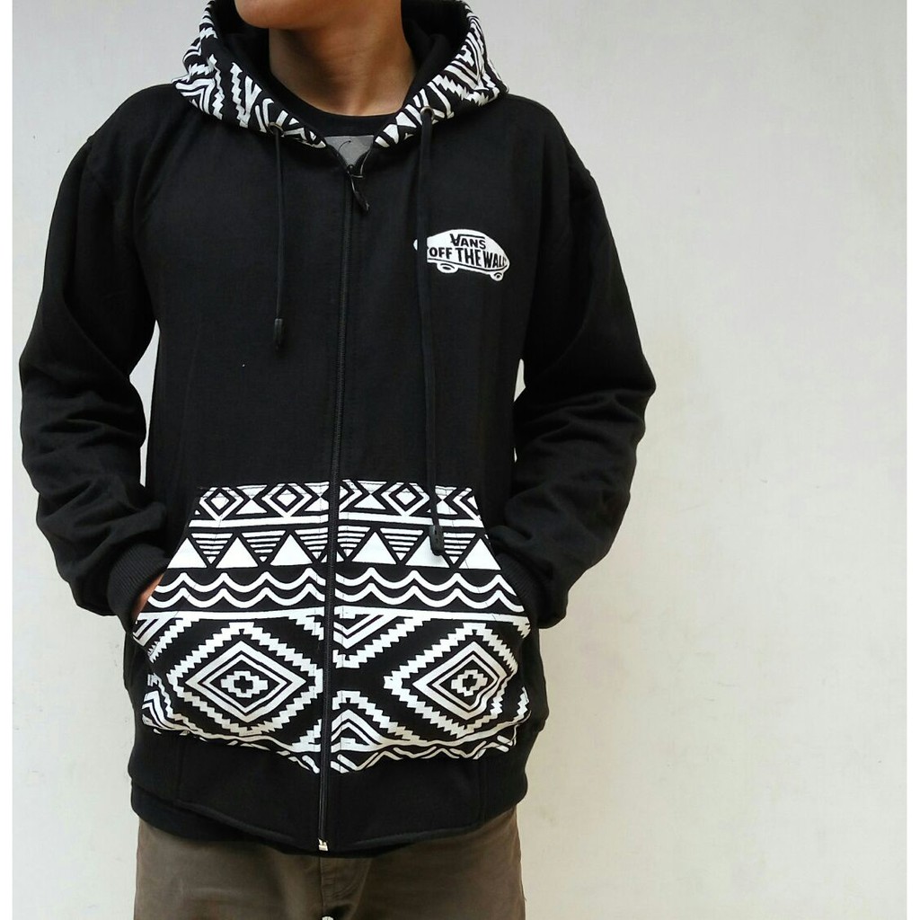 JAKET Hoodie vans motif BATIK Nusantara Resleting Size L Hitam Navy