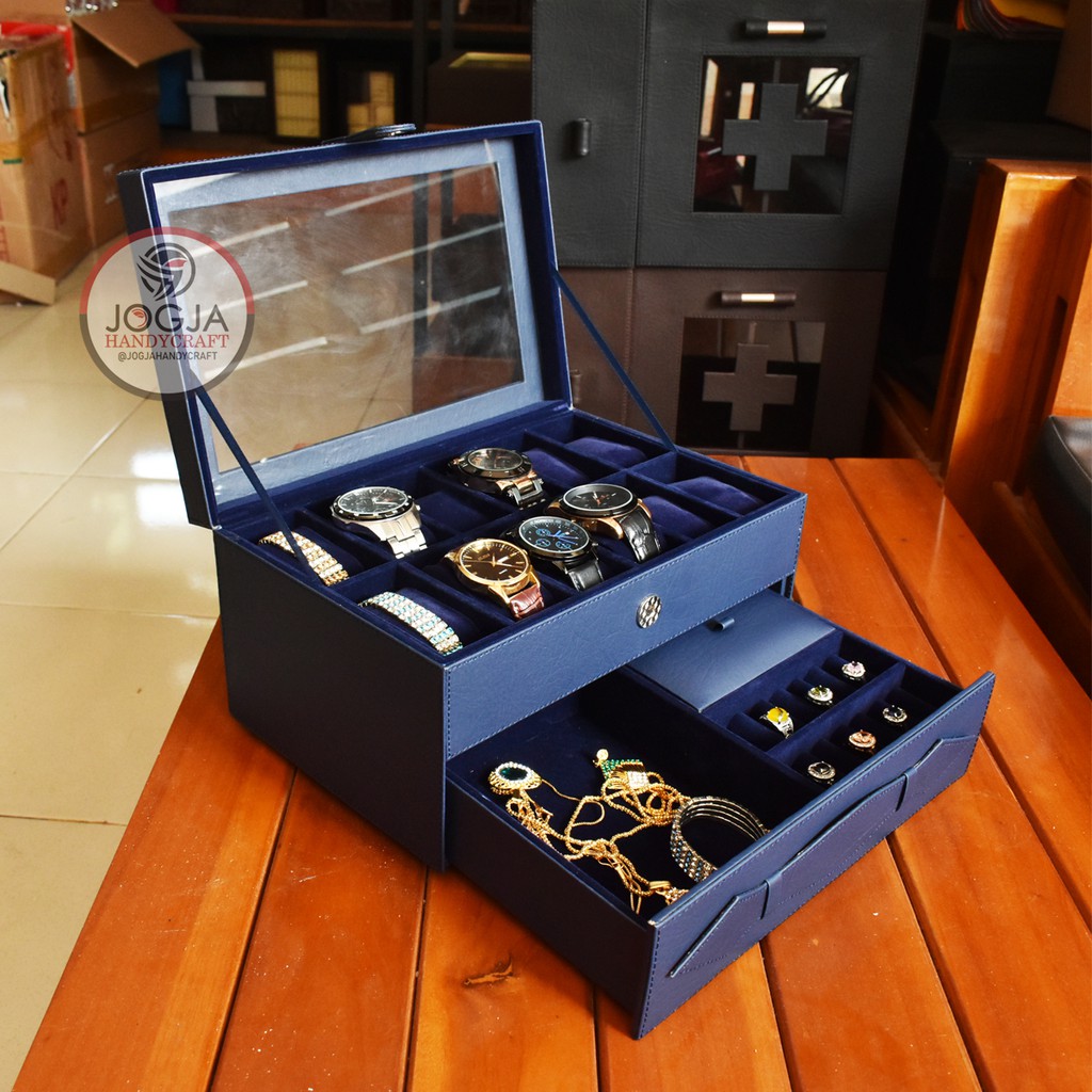 Jual Watch Box Kotak Jam Tangan Isi 12 Mix Laci Tempat Perhiasan Navy