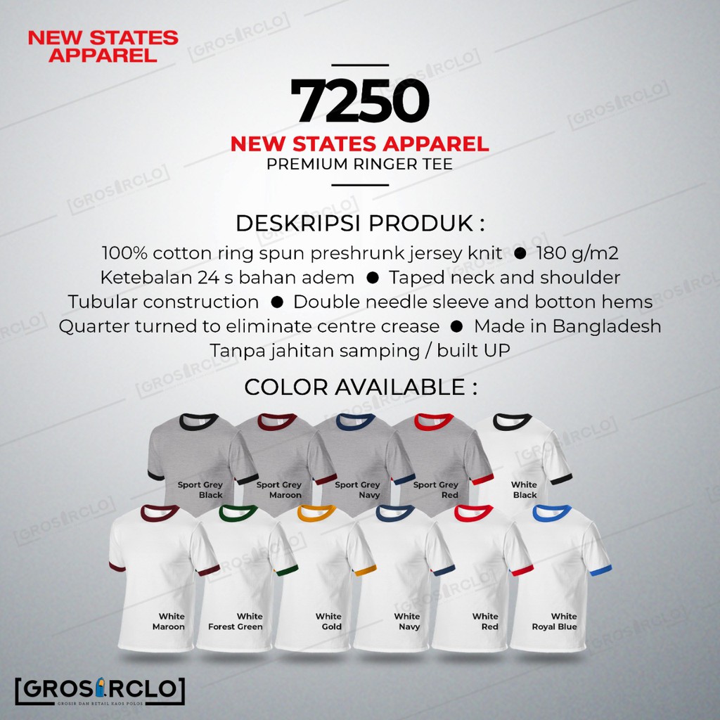 Jual Kaos Oblong Polos Ringer Tee New States Apparel NSA 7250 Premium ...