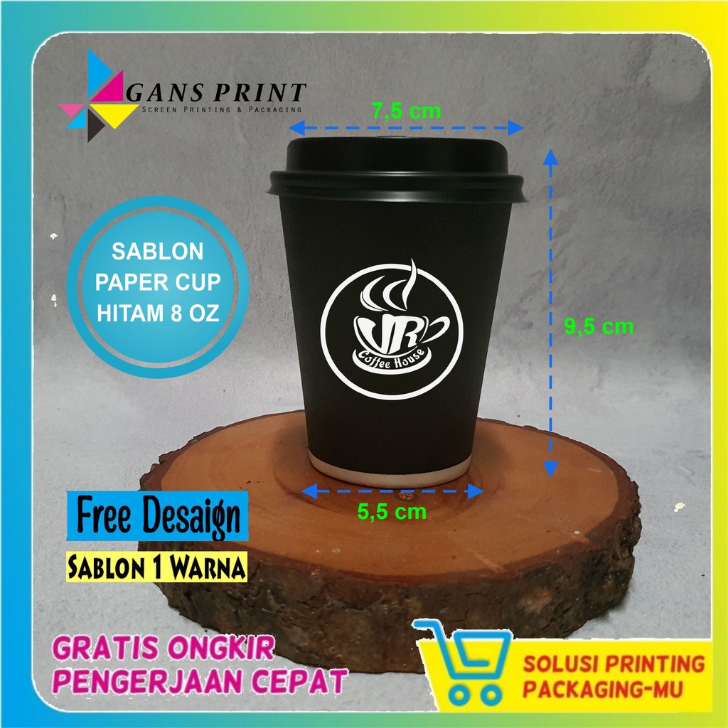 Jual SABLON PAPER CUP 8 OZ WARNA HITAM + TUTUP CETAK 1 WARNA | Shopee ...