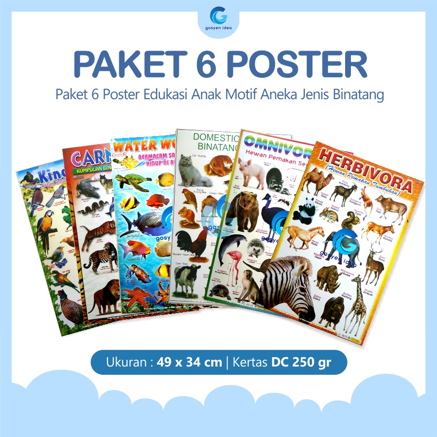 Jual Poster Anak Edukasi Belajar Binatang Paket Isi 6 Pcs Poster ...