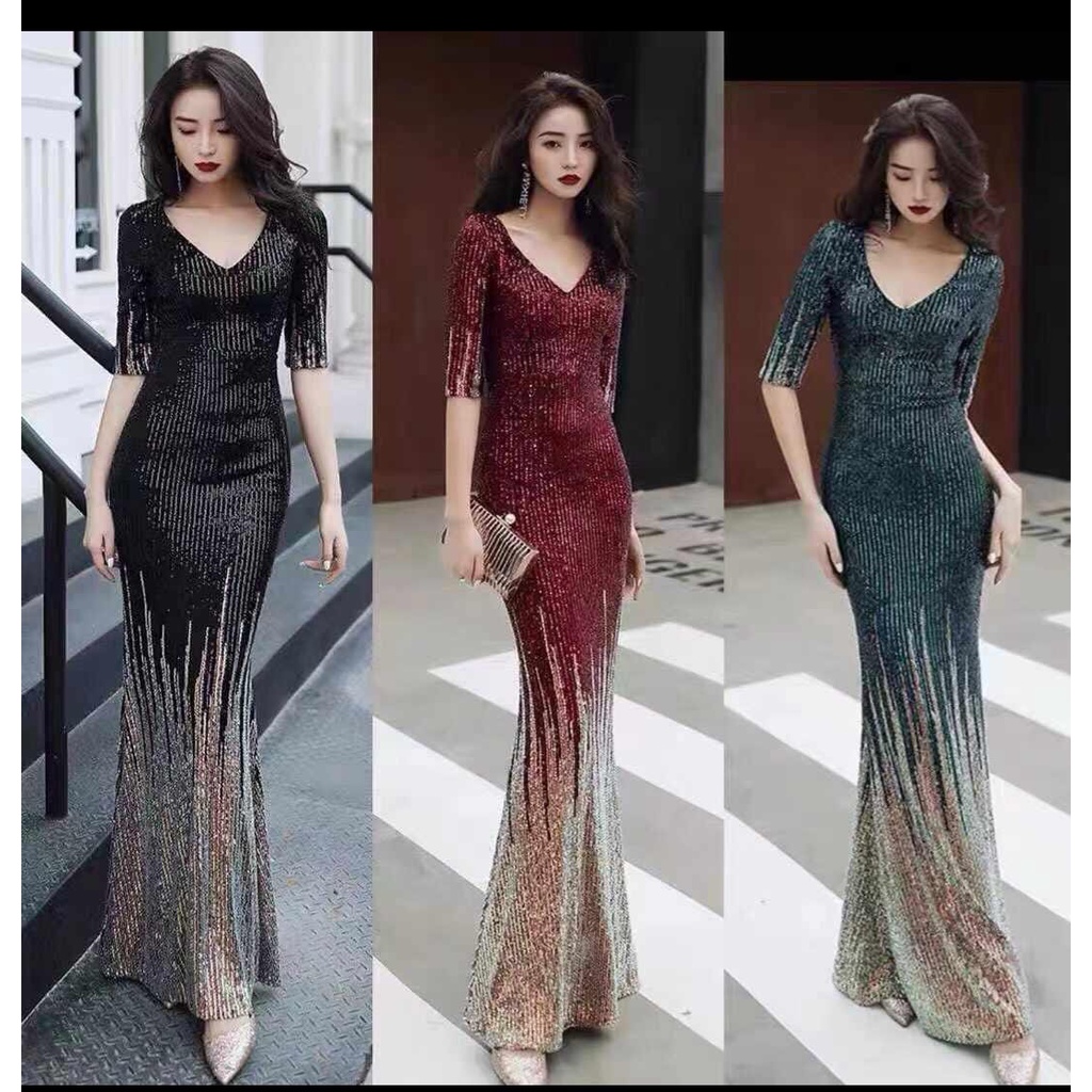 Jual Longdress Sequin Gradasi Hitam Maroon Hijau Gaun Pesta Singer