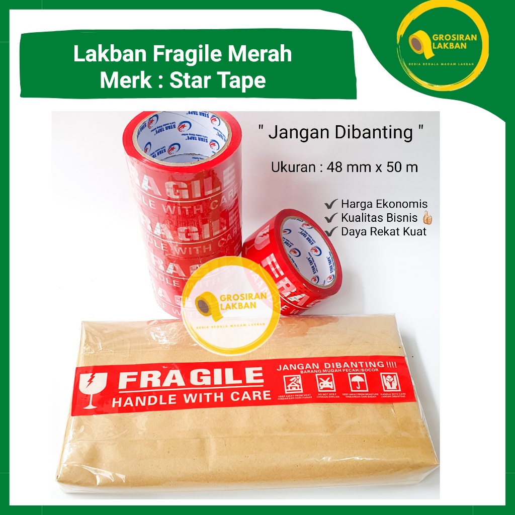 Jual Lakban Fragile Merah Star Tape 48mm x 50m Isolasi Printing 2 Inch ...