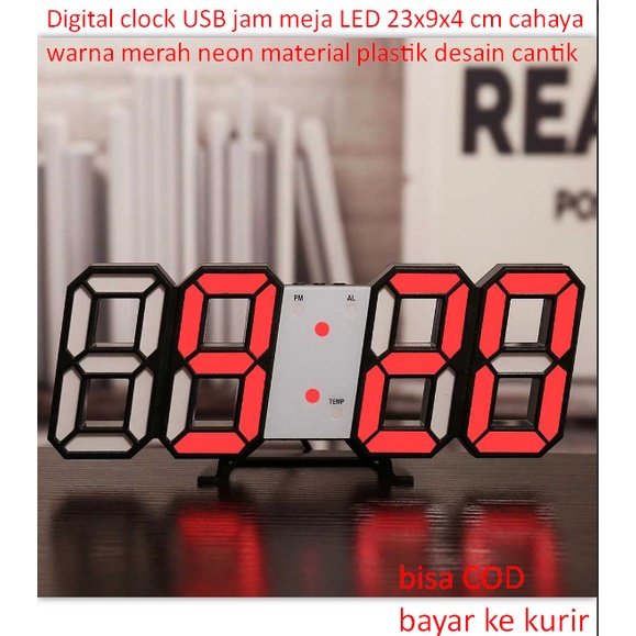 Jual Digital clock USB jam meja LED 23x9x4 cm cahaya warna merah neon ...