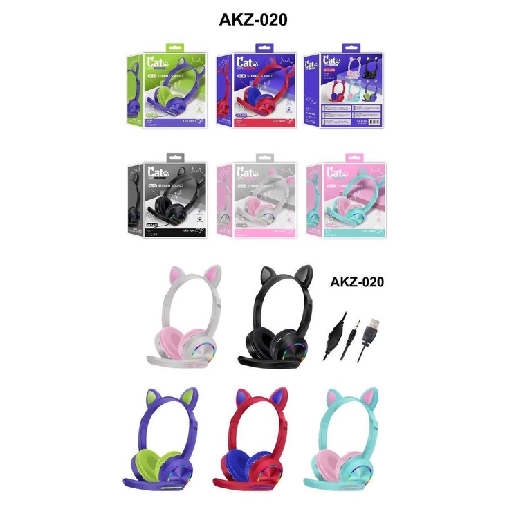 Jual Headset Gaming LED Telinga Kucing model AKZ020 with microphone