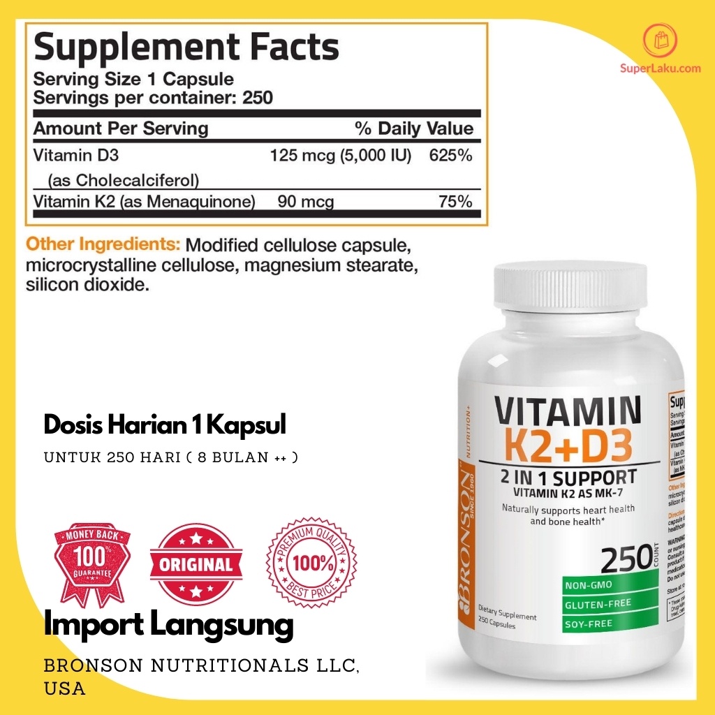 Jual Bronson Vitamin D3 5000 iu + K2 MK7 90 mcg 250 Kapsul Vitamin D3