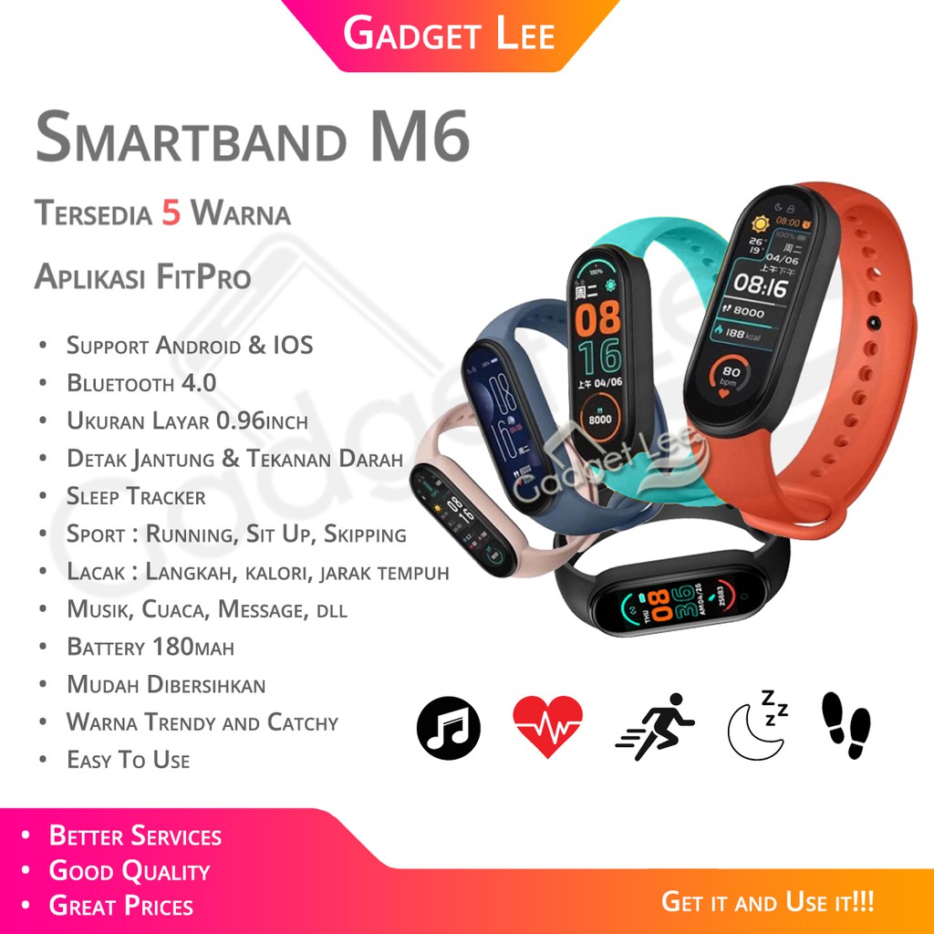 GadgetleeSmartband M6 M7 Layar Warna Dengan Monitor Detak Jantung / Tekanan Darah siap pakai