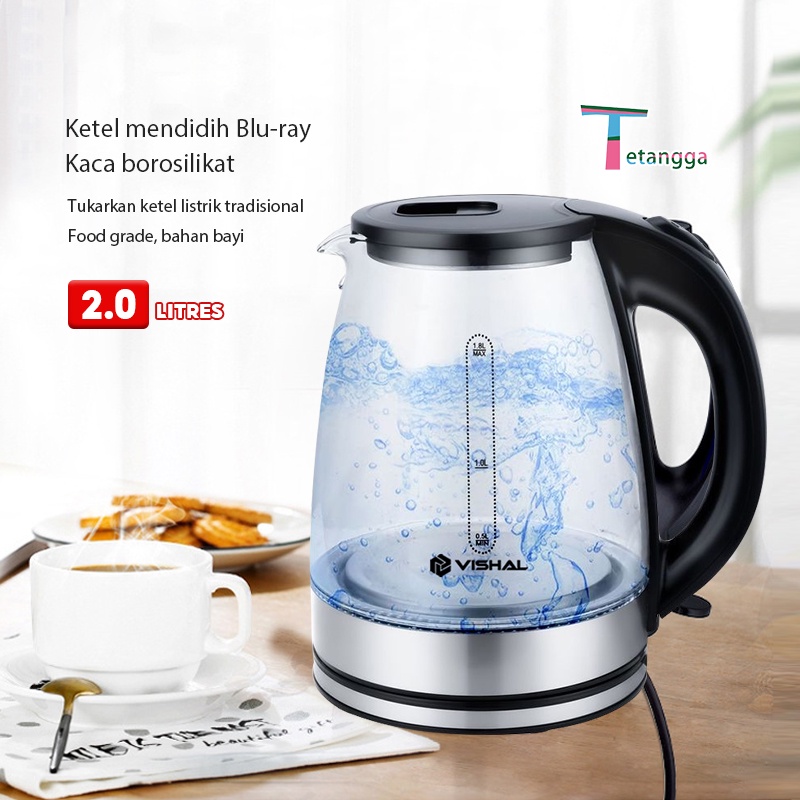 Jual Kettle Elektrik Teko Listrik 2 Liter Body Kaca Biru Kettle Teko Listrik Masak Air Kaca 8290