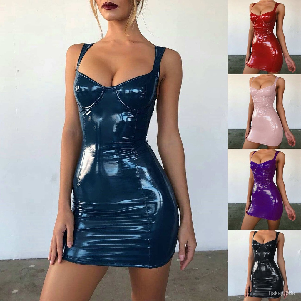 Jual 【cod】sexy Backless Club Party Short Dress Solid Black Wet Look Latex Bodycon Faux Leather 1853