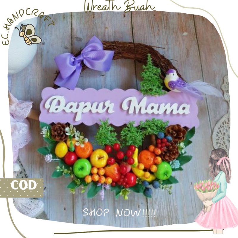 Jual Hiasan dinding pintu akar Wreath Flower Tulisan Dapur Mama Ungu