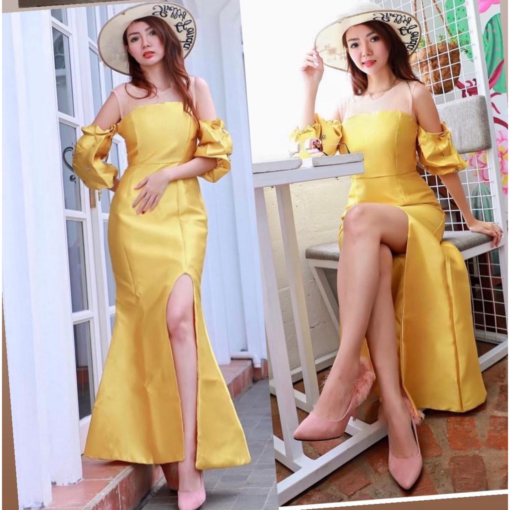 Jual LongDress pesta sabrina Gold kuning Premium - Dress Prewedding ...