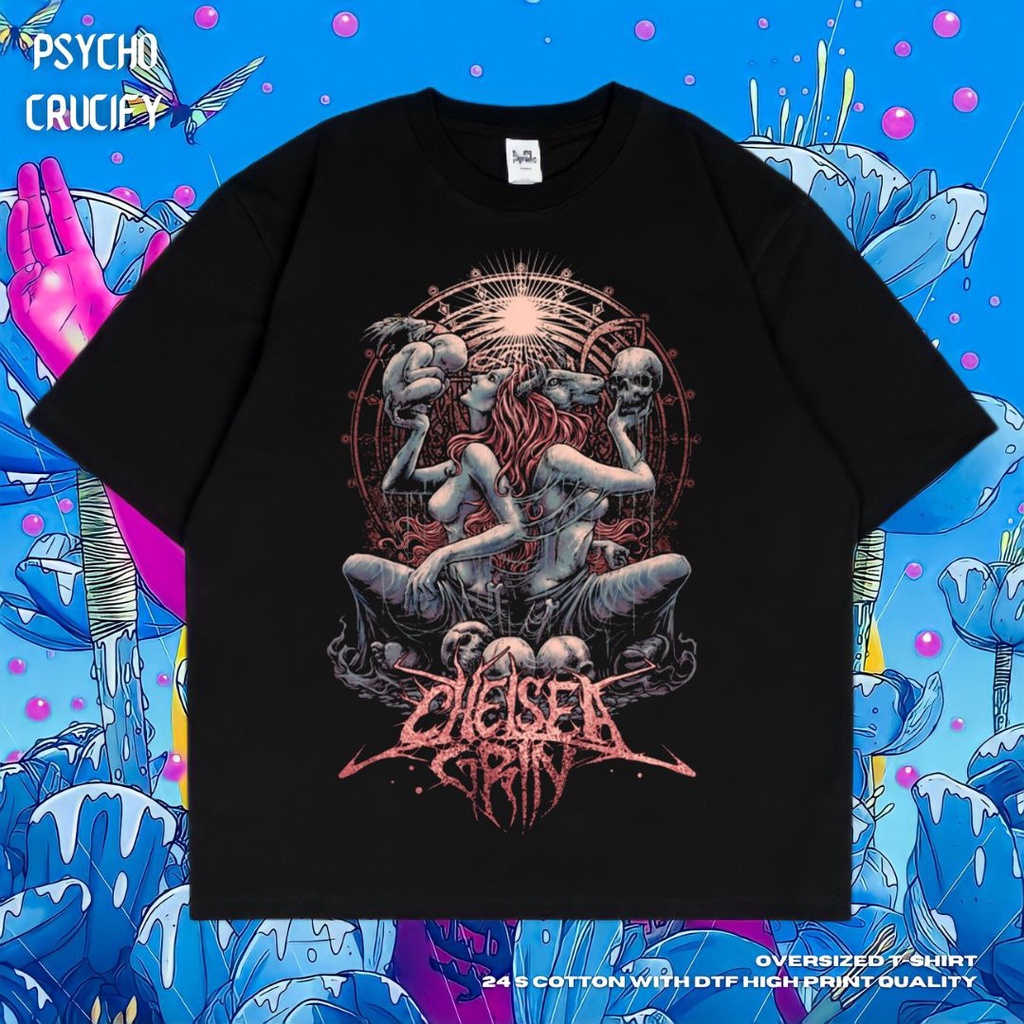 Jual Psycho Crucify Chelsea Grin Oversized T Shirt Black Dark Grey Kaos Oversize