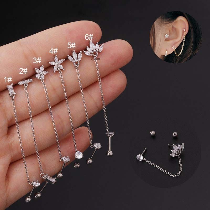 Jual Piercing Piece Anting Earring Stainless Stee Earlobel Helix Chain Silver Zircon Tipe