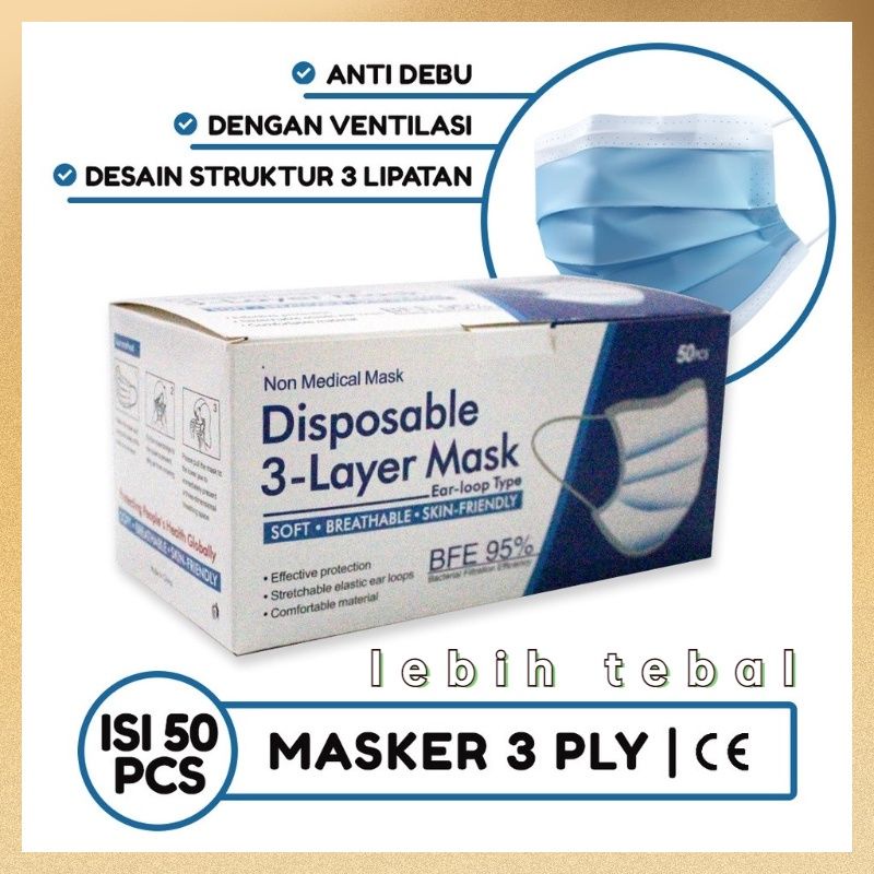 Jual Masker 3 Ply Earloop Warna Biru isi 50 pc | Shopee Indonesia
