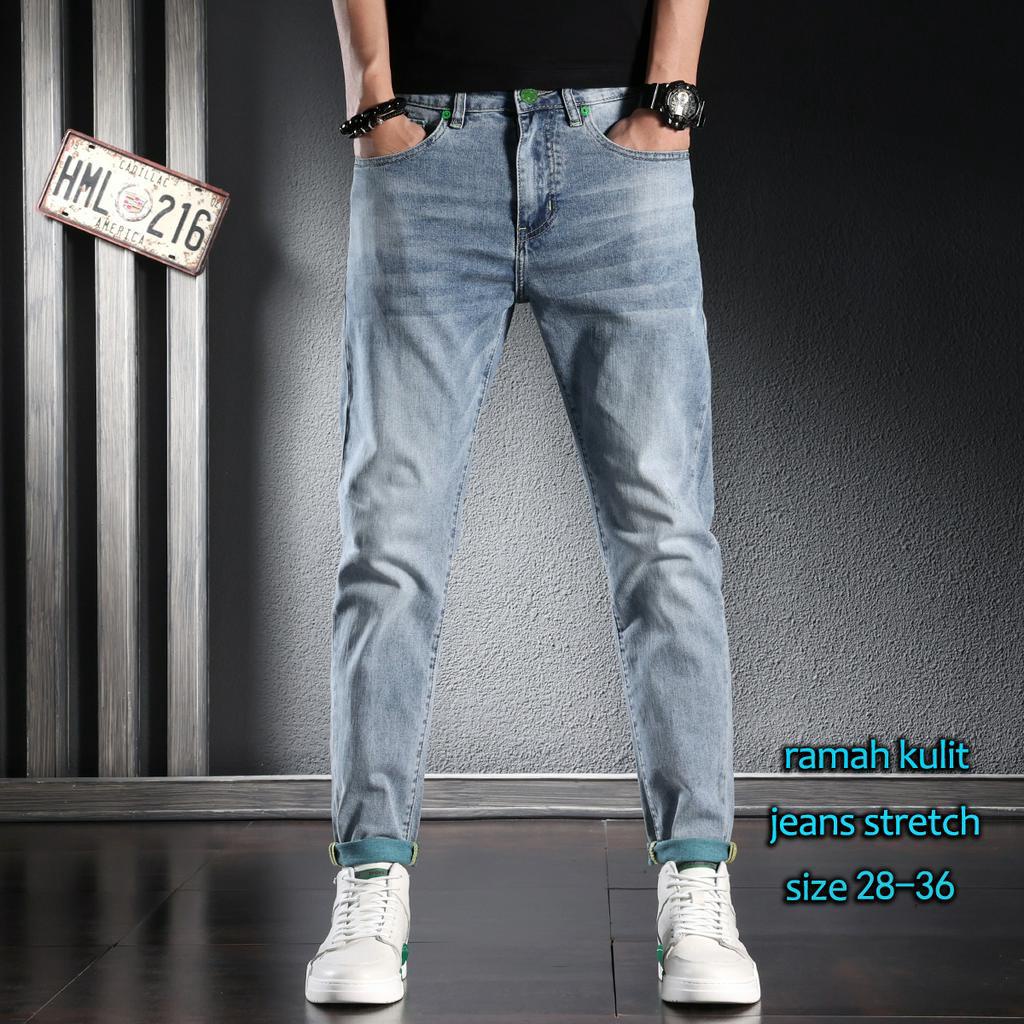 Jual Celana Jeans Pria Slim Fit Standar Stretch Sobek Korean Style Biru Muda Original Boyfriend