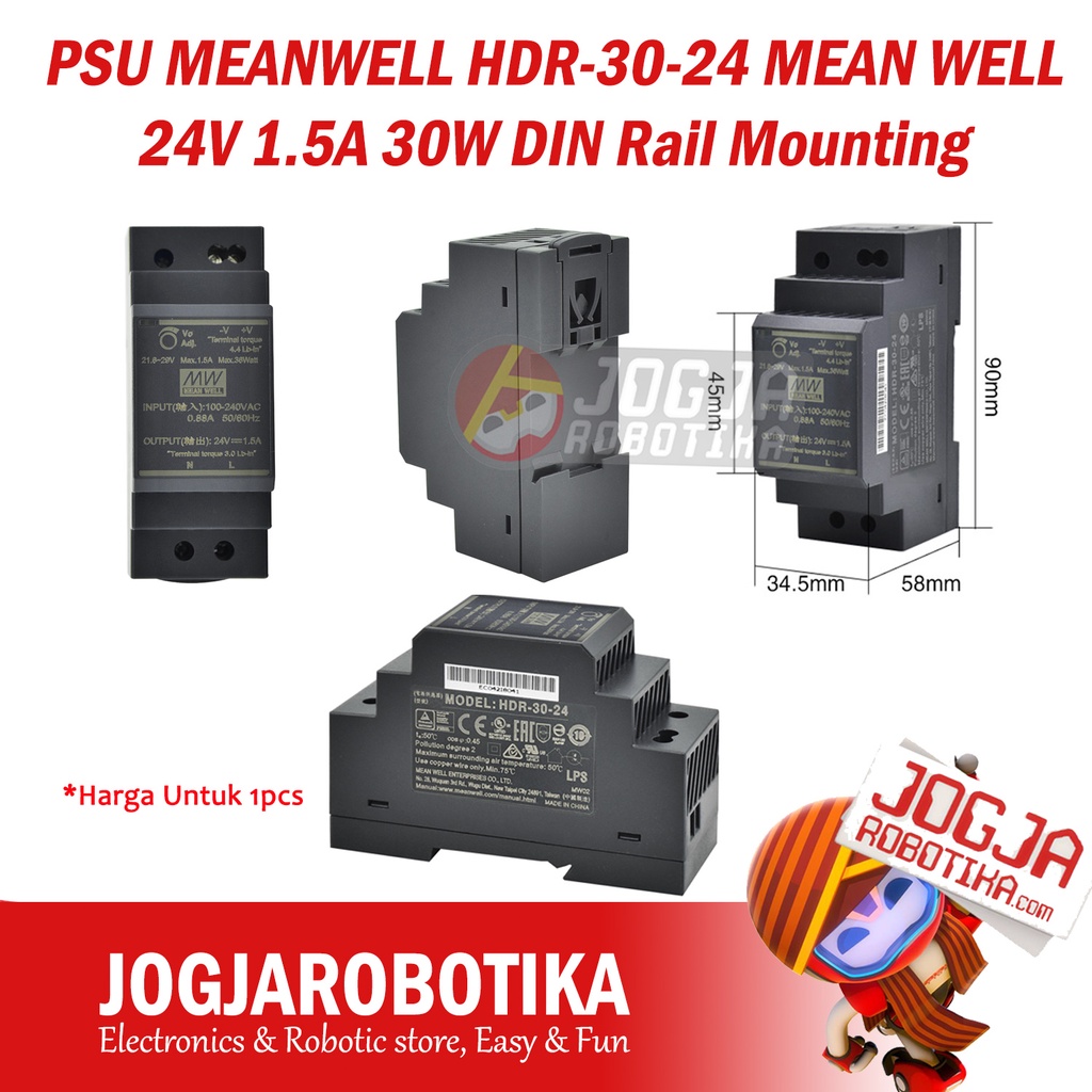 Jual PSU MEANWELL HDR-30-24 MEAN WELL 24V 1.5A 30W DIN Rail Mounting ...