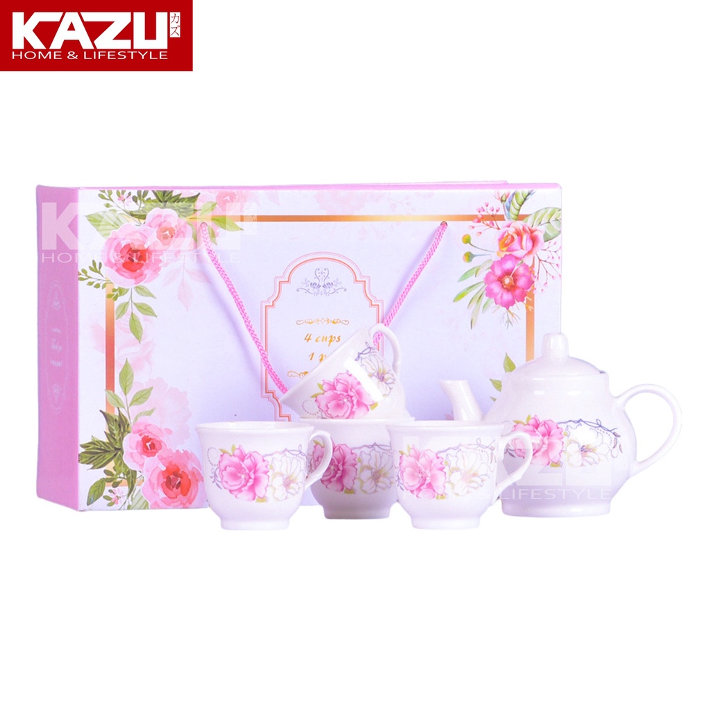 Jual KAZU TEA POT SET 4 CUP C23 CERAMIC QUALITY MOTIF BUNGA TEKO ...