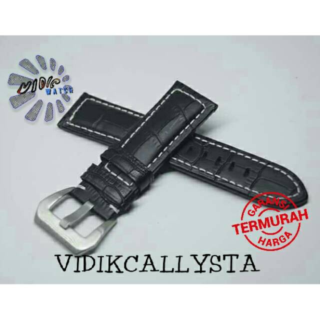 Jual STRAP TALI JAM KULIT LUMINOR PANERAI 24 MM HITAM LIS PUTIH 24MM