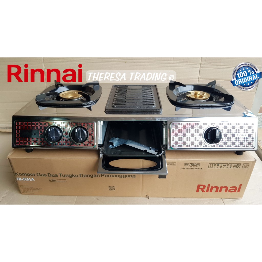 Jual KOMPOR GAS RINNAI 3 TUNGKU 524 A API LILIN STAINLESS STEEL WITH GRILL  PLATE PEMANGGANG BAKARAN | Shopee Indonesia