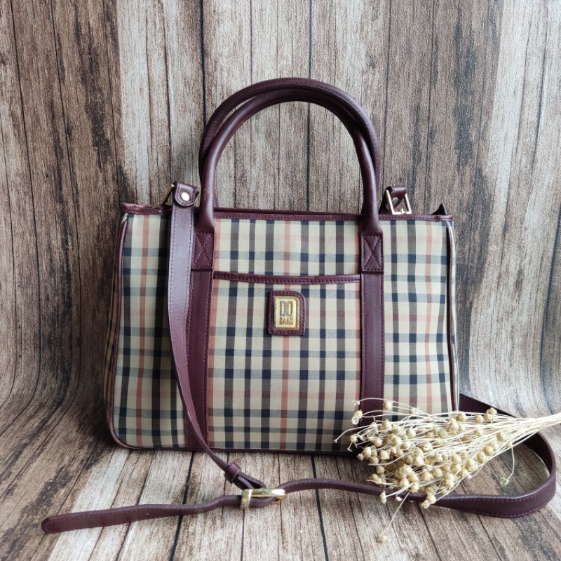 Tas Original Daks Tas Tote Wanita Tas Kelek Garis Kotak kotak Tas Jinjing Kulit Ungu
