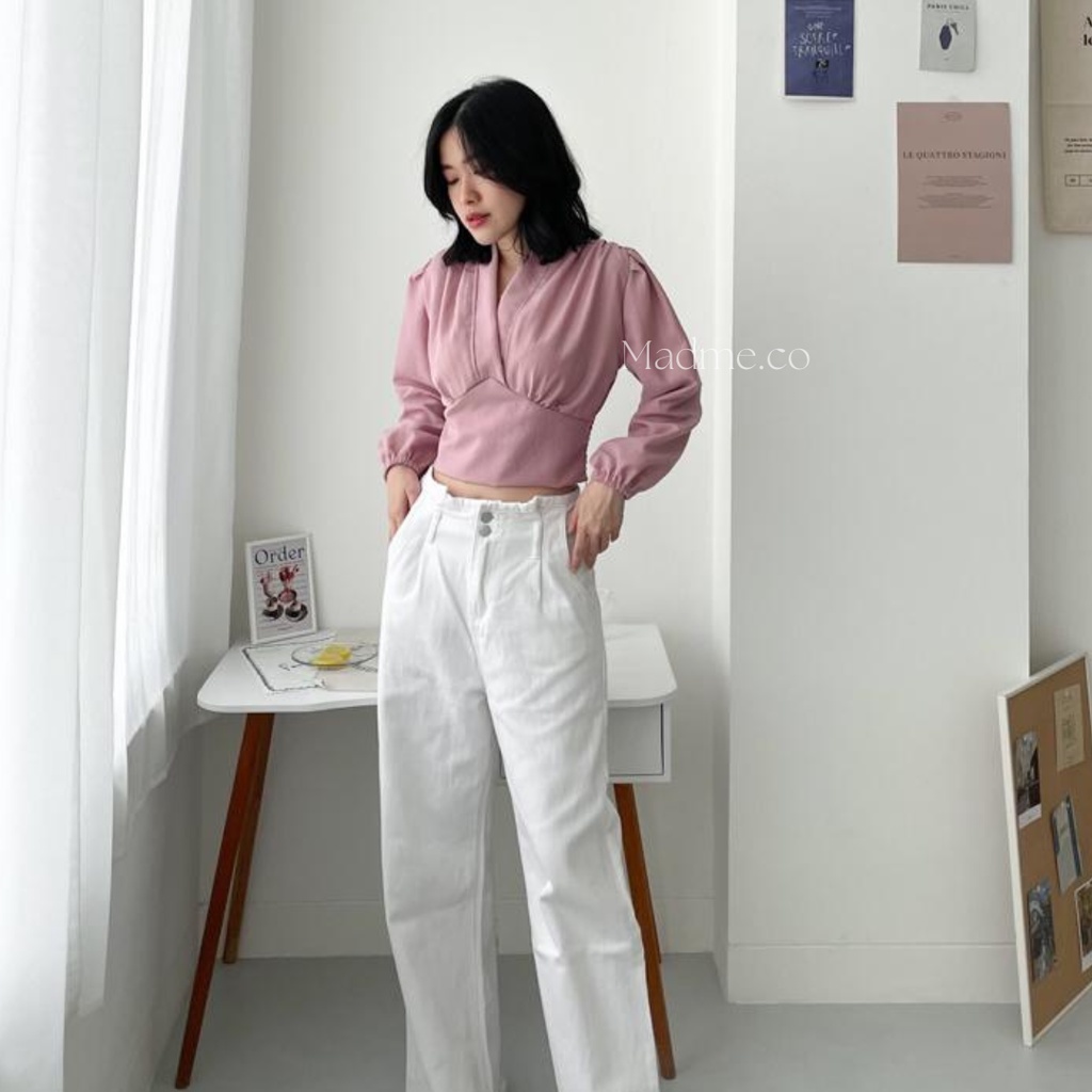 Jual Madme Blouse Korean Sleeve Crop Top Blouse Lengan Panjang Karet