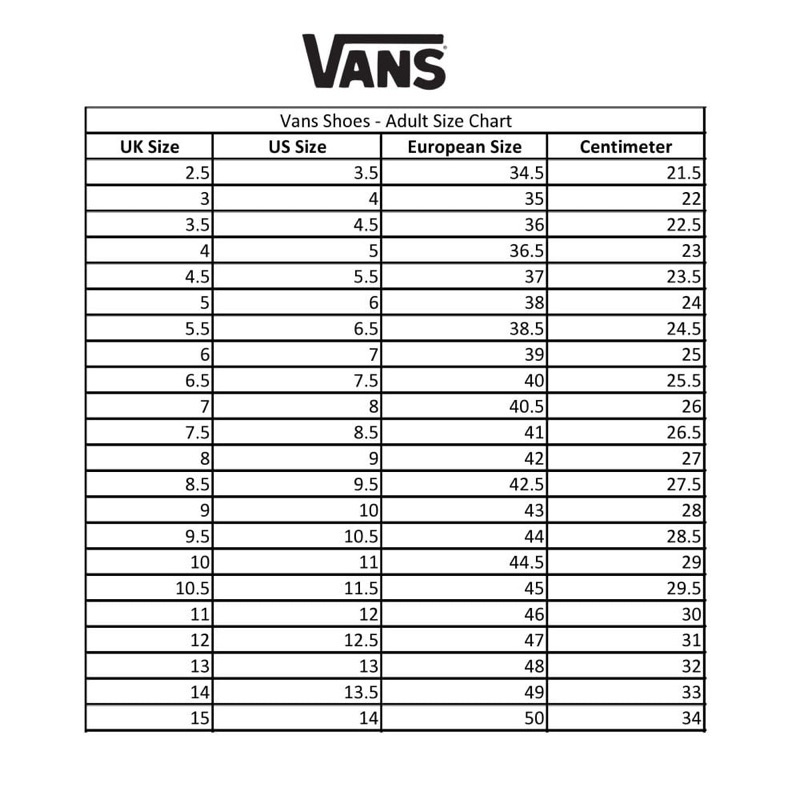 Jual PANDUAN UKURAN VANS / SIZE CHART VANS Shopee Indonesia