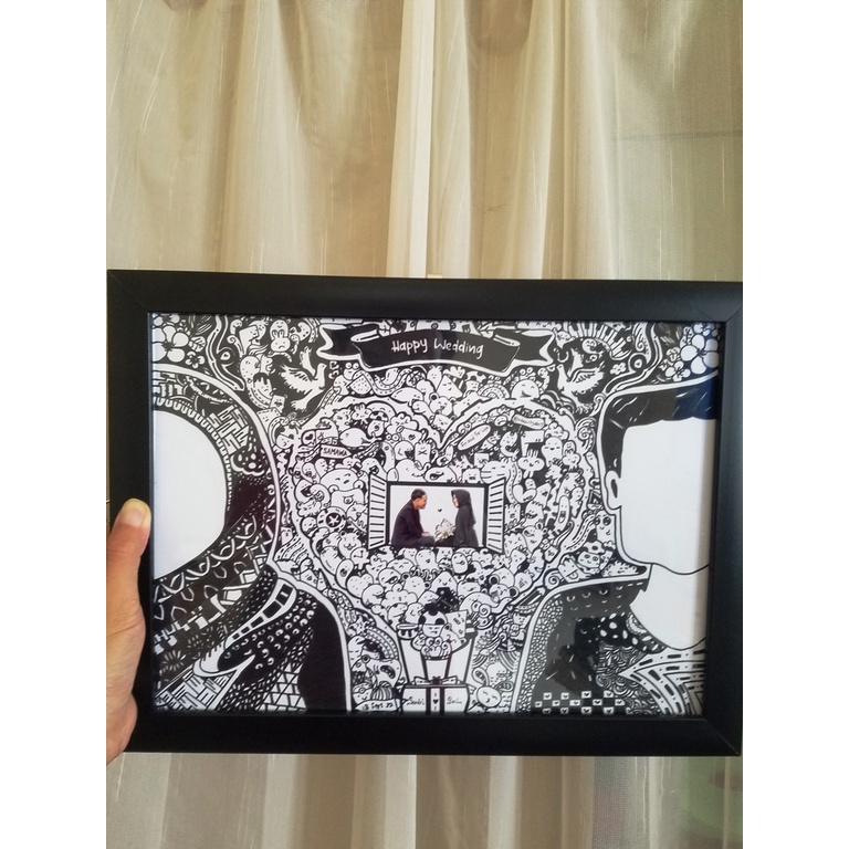 Jual DOODLE ART WEDDING CUSTOM 01 MIX VARIASI, FRAME MINIMALIS (UKURAN