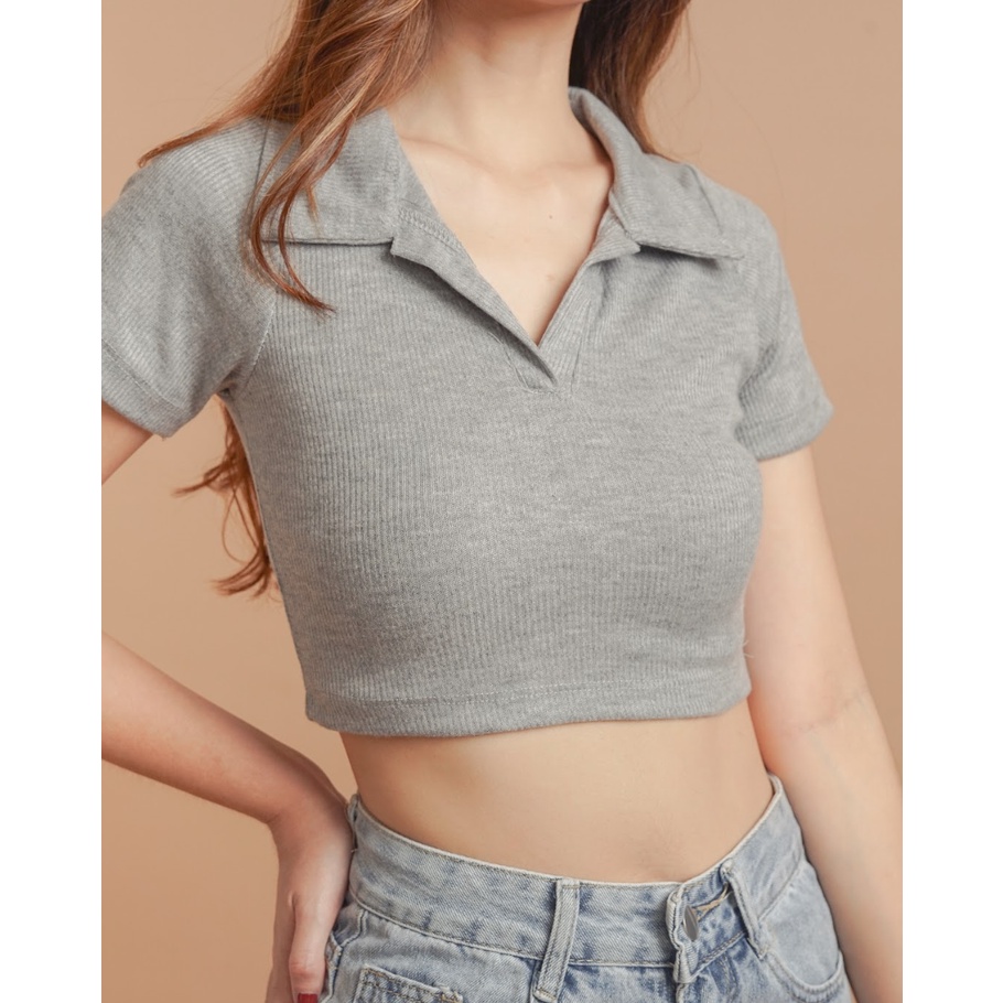 Jual Modavie Laurine Crop Top Korea Knit Polo Crop Tee Baju Atasan