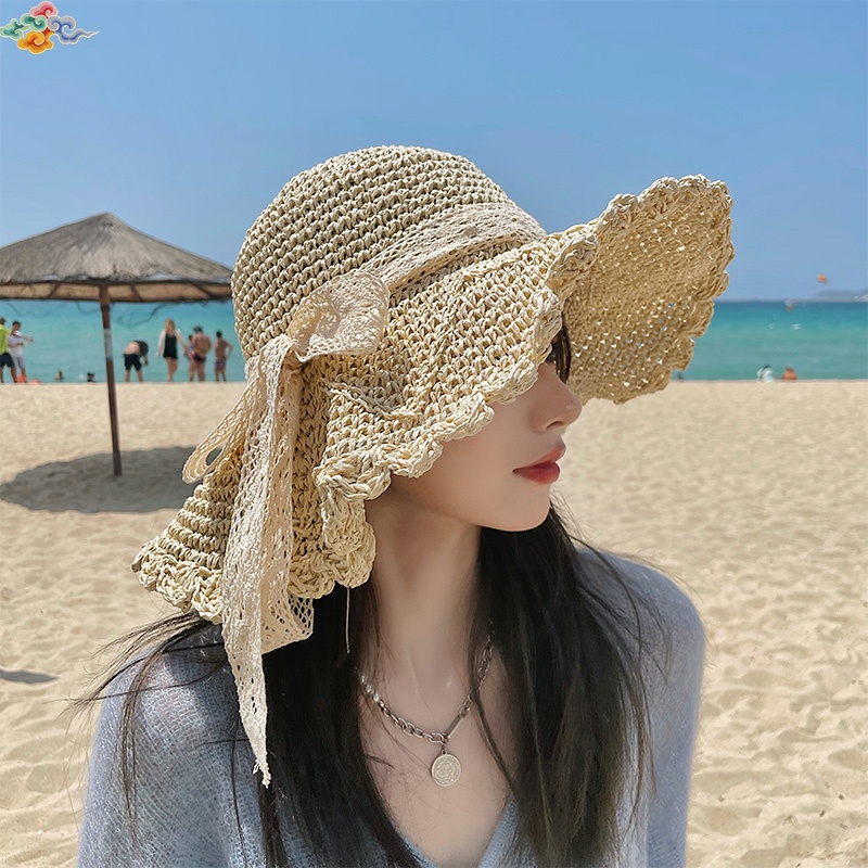 Jual Topi Matahari Bahan Jerami Rajut Tangan Model Renda Lipat Aksen ...