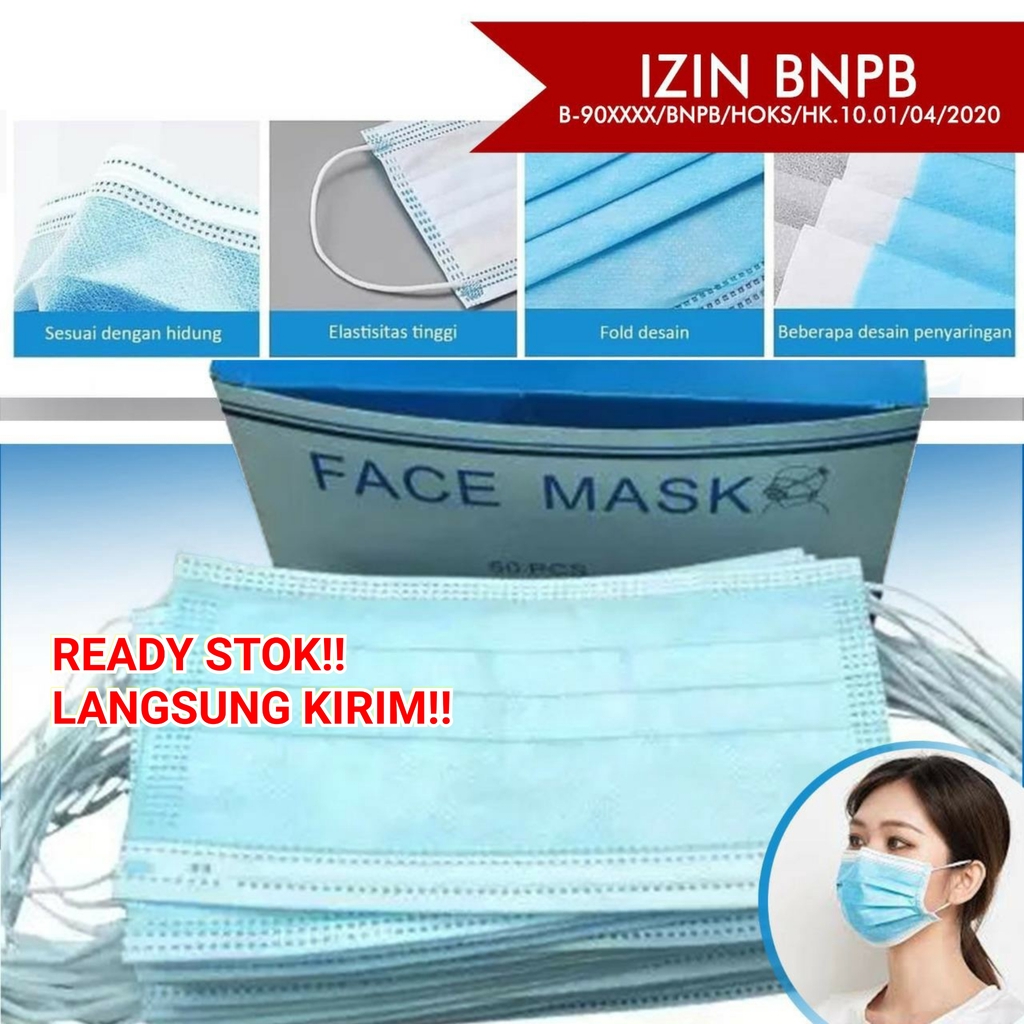 Jual MASKER 3ply ISI 50pcs FACE MASK 3 PLY Medis Izin Resmi BNPB WAJAH ...