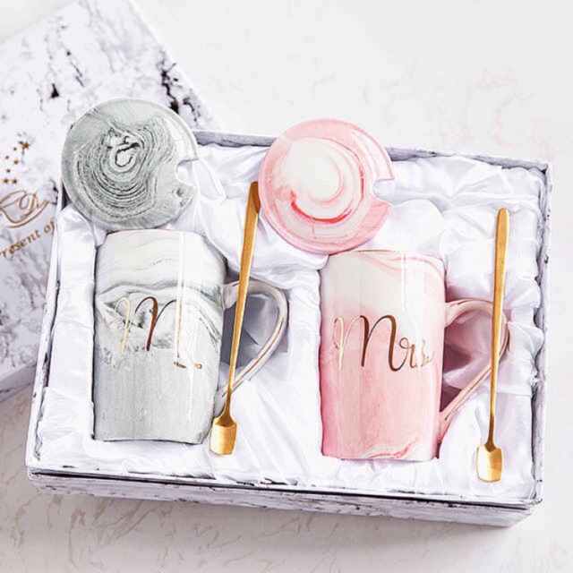 ( GARANSI PECAH ) Gelas Cangkir Mug Keramik Marble Mr Mrs Gelas Couple Hampers wedding gift