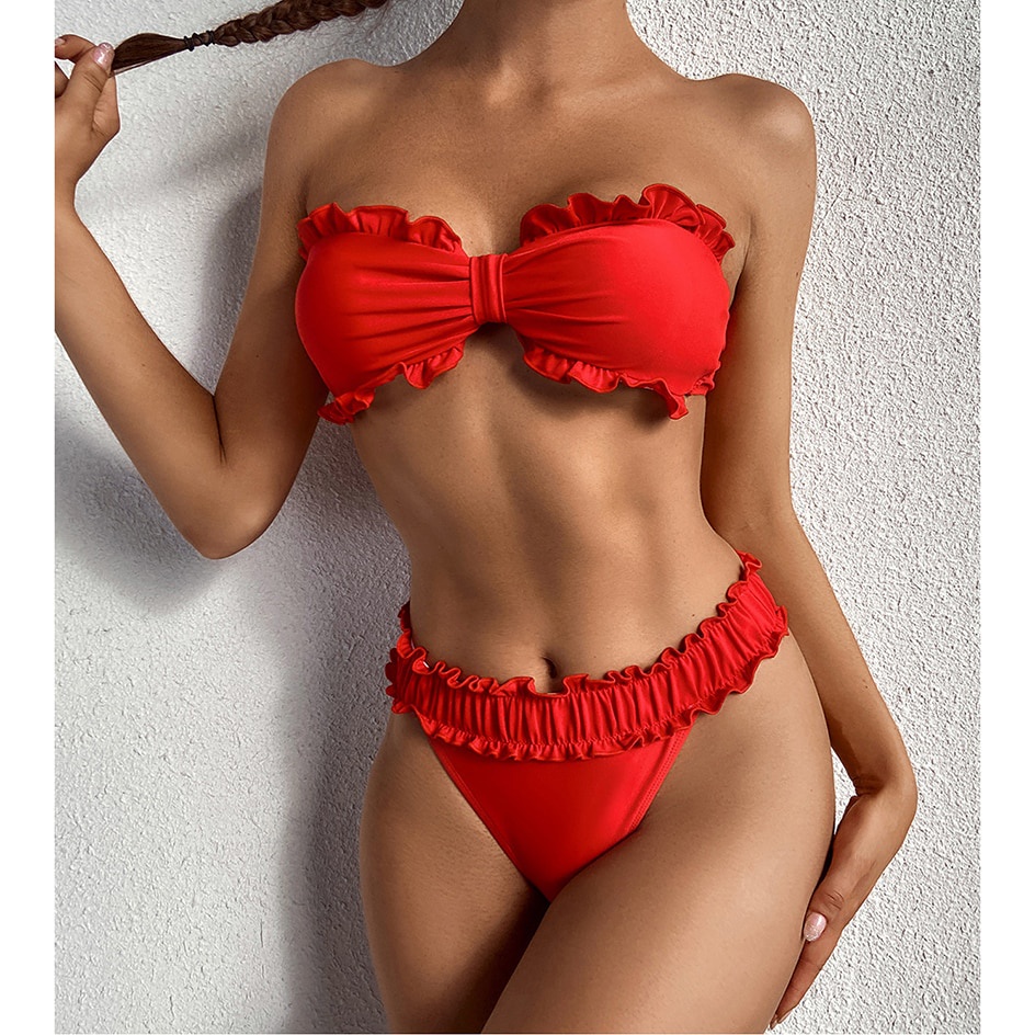 Jual Preorder Sexy Women`s Swimsuit 2022 Bikini Pleated Bandeau Female Swimwear Thong Bikinis 4860