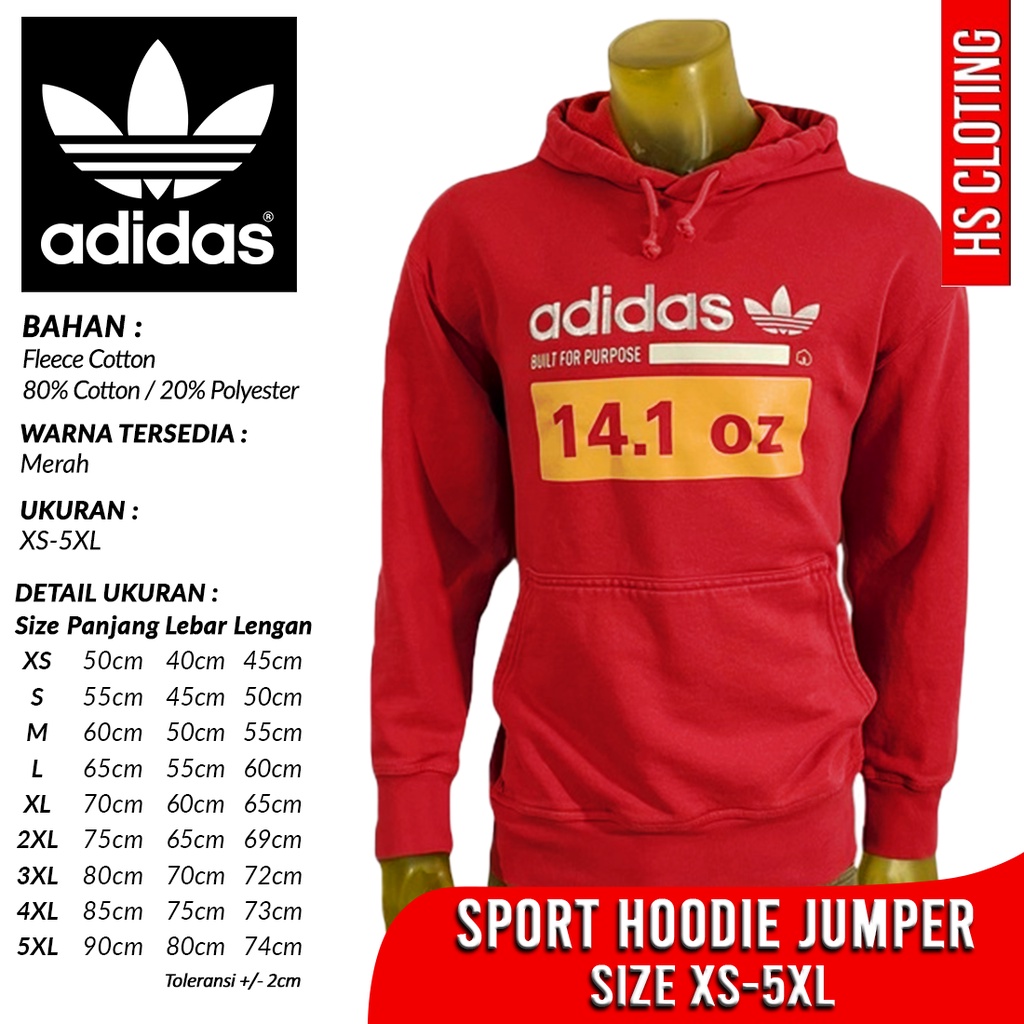 Jaket Sport XS 5XL ADIDAS Trefoil 14.1 OZ Sport Hoodie Jumper Merah Bahan Katun Fleece Ukuran Jumbo Big Size XS S M L XL XXL 3XL 4XL 5XL