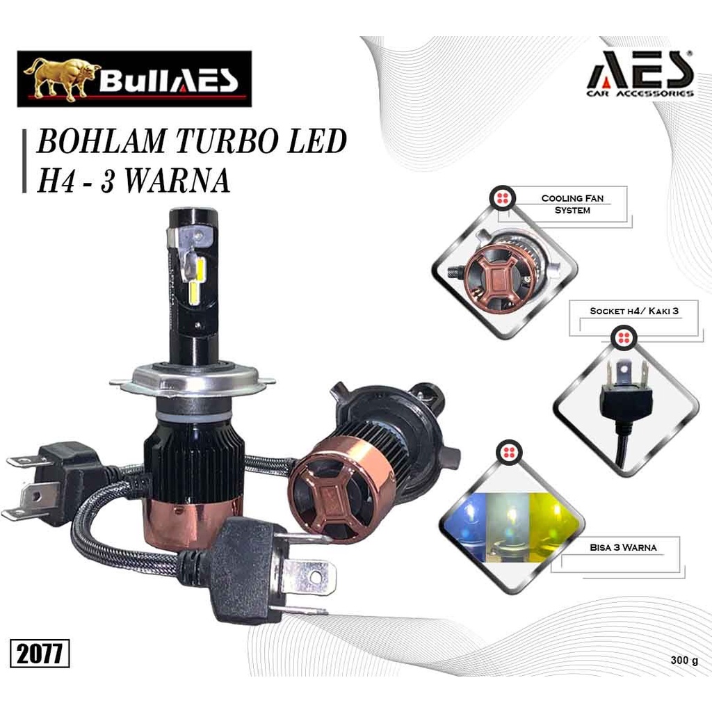 Jual Bohlam Led Turbo H4 3 Warna MERK AES I H4 Headlight Bulb led AES