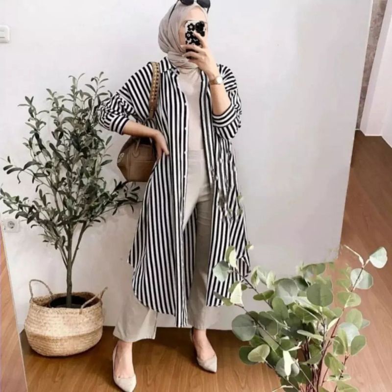 Jual Tunik Kemeja Lengan Panjang Wanita Bahan Rayon Premium Adem Motif Garis Garis Strepe By