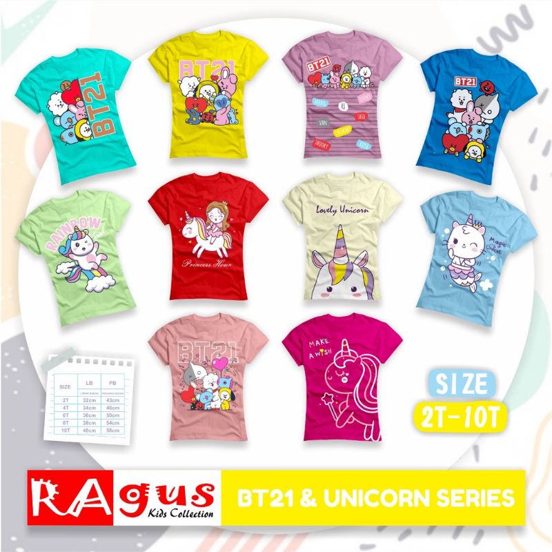 Jual (C3) Kaos pendek anak cewek ragus premium 2-10 bt21 unicorn size 2 ...