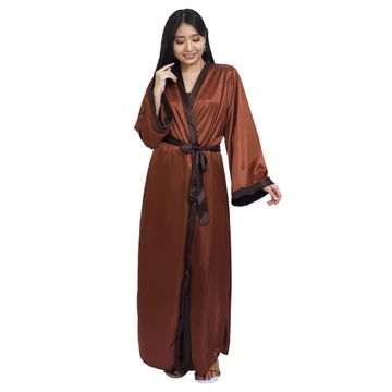 Folva Kimono Set Panjang Piyama Satin 1389KTSET Coklat All Size
