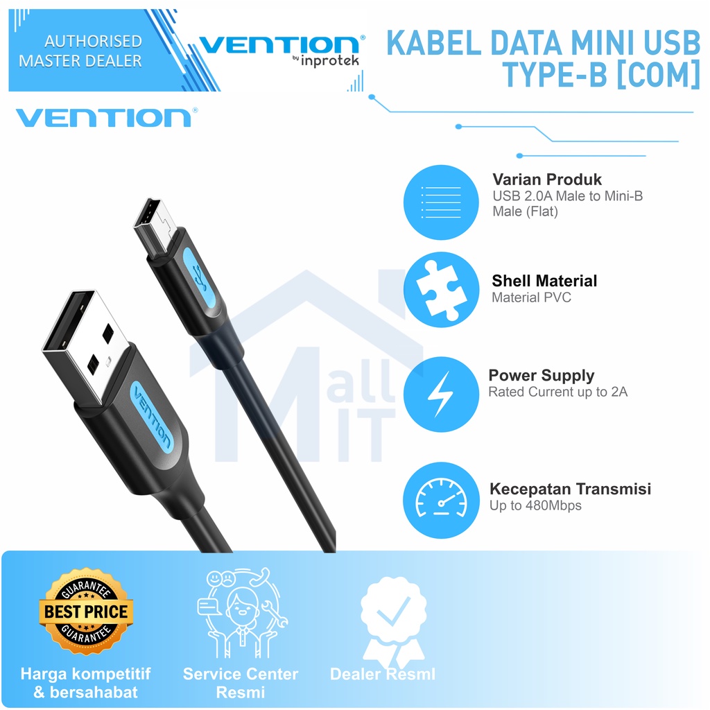 Jual Vention Kabel Data USB A 2.0 to Mini USB Type B 2A 480Mbps HDD COM ...