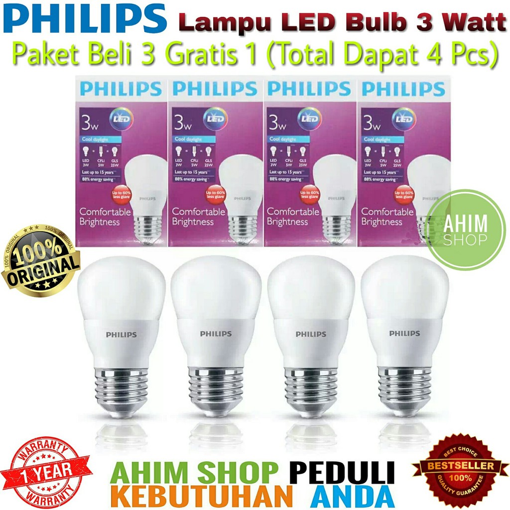 Jual PHILIPS Lampu Led Bulb 3 Watt 3W 3Wat 3 W Putih Paket 4 Pcs - Cool ...