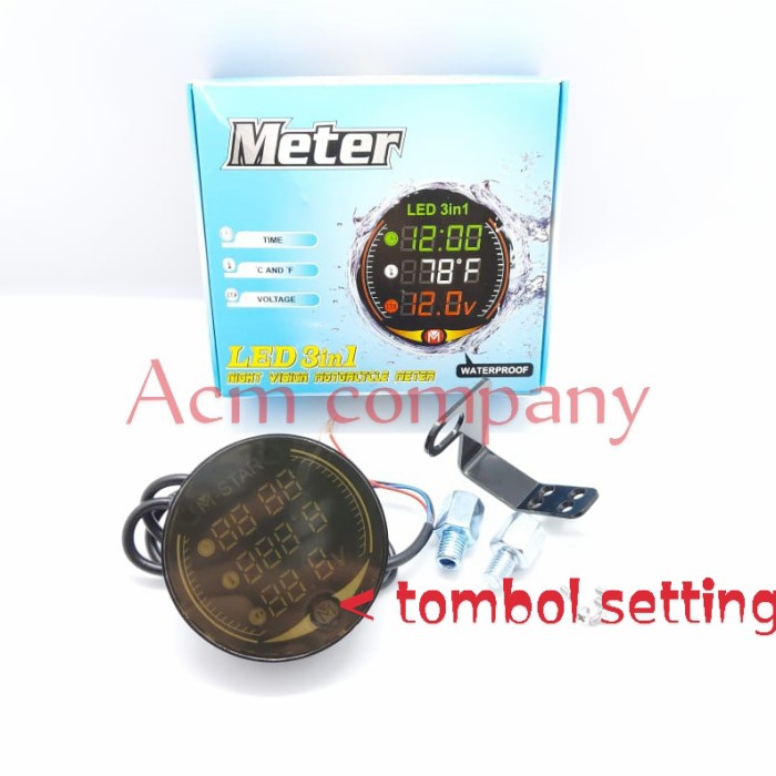 Jual TFA Volt meter digital bulat led 3in1 Jam + Suhu + Volt meter
