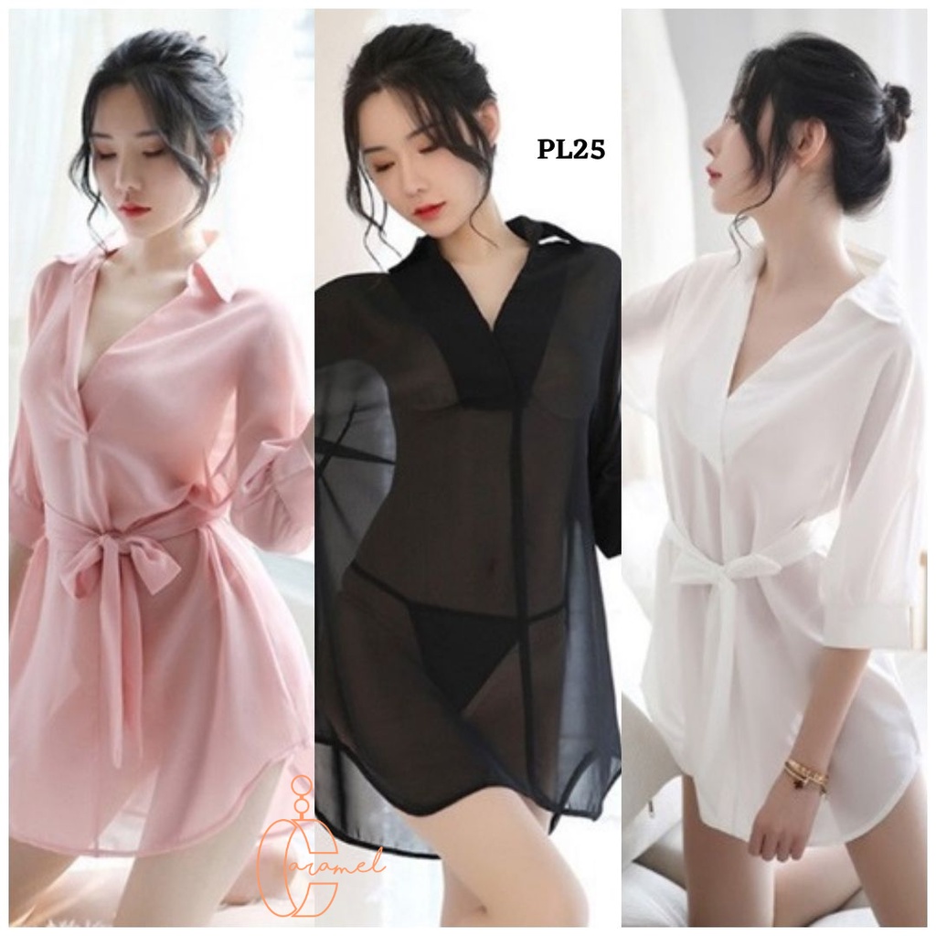 Jual Caramel Kemeja Blouse Seksi Lingerie Transparan Sleepwear Sexy