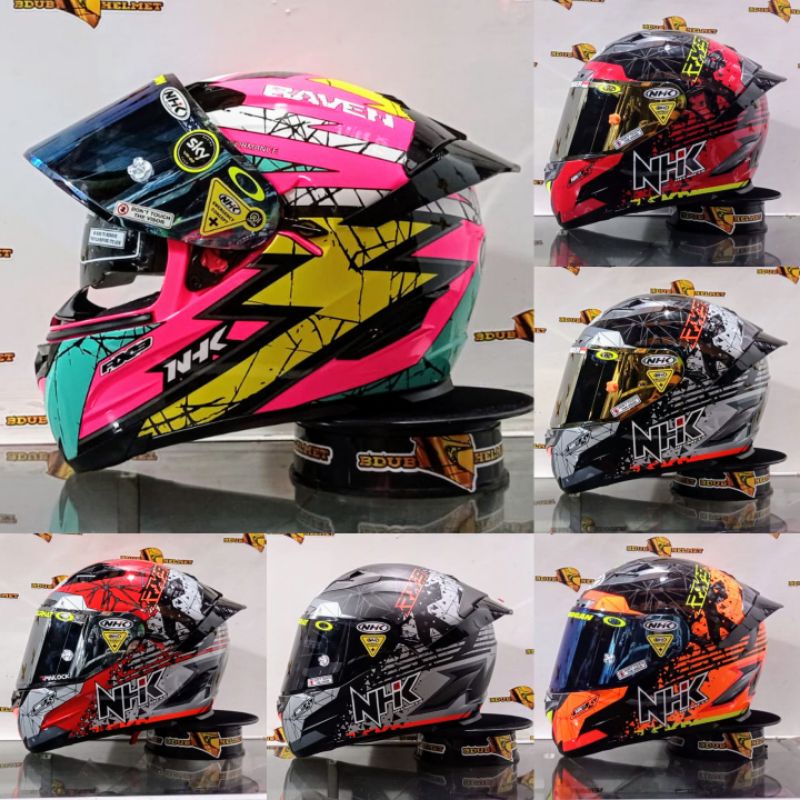 Helm NHK RX9 full face motif series raven pink flouricent blue tosca paket  ganteng visor flat iridium