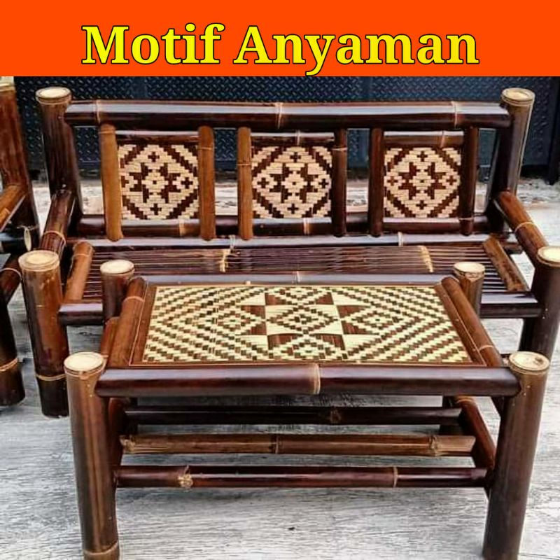 Jual ( Nota ) PAKET MEJA KURSI BAMBU HITAM MOTIF ANYAMAN | Shopee Indonesia